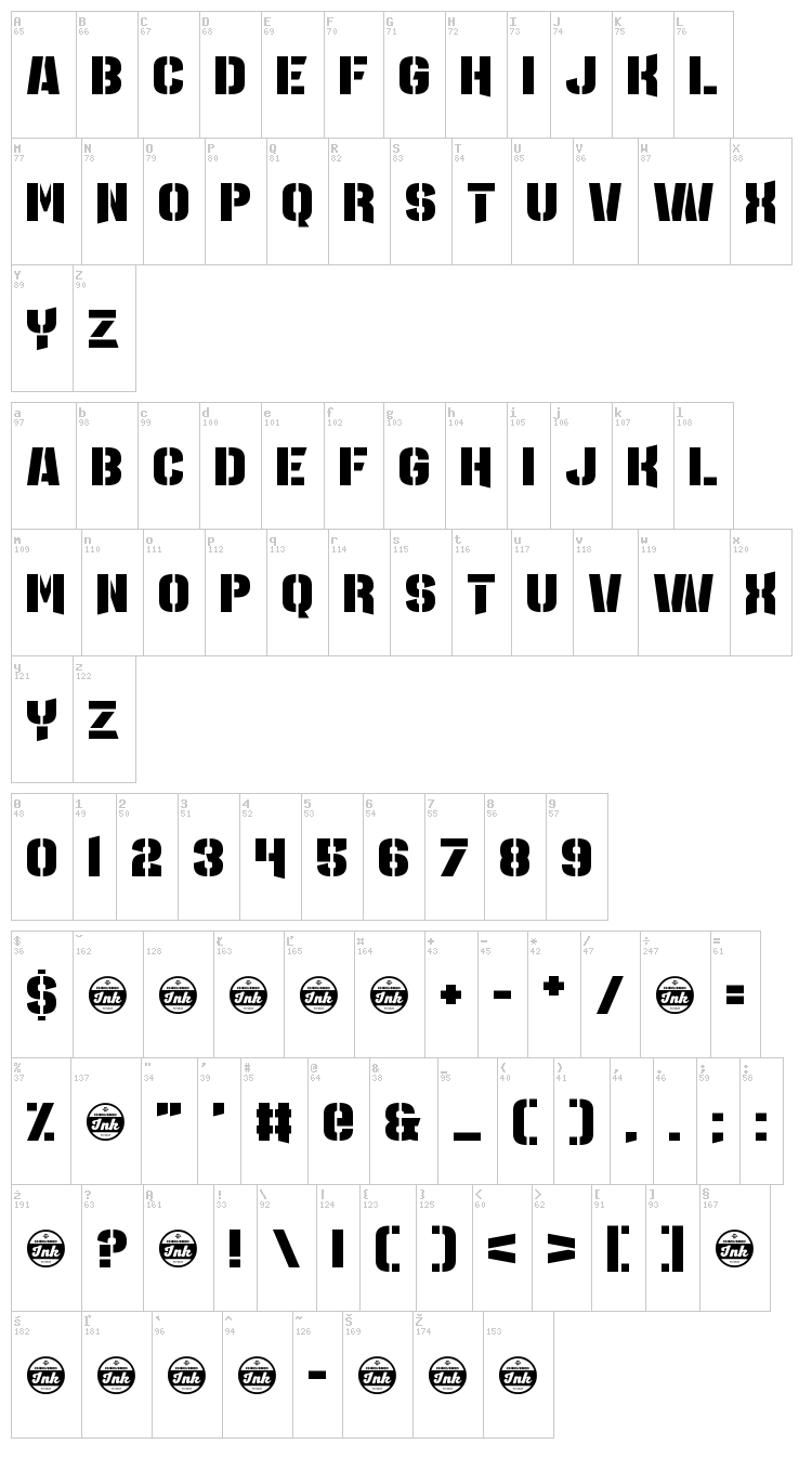 Major League Duty font map
